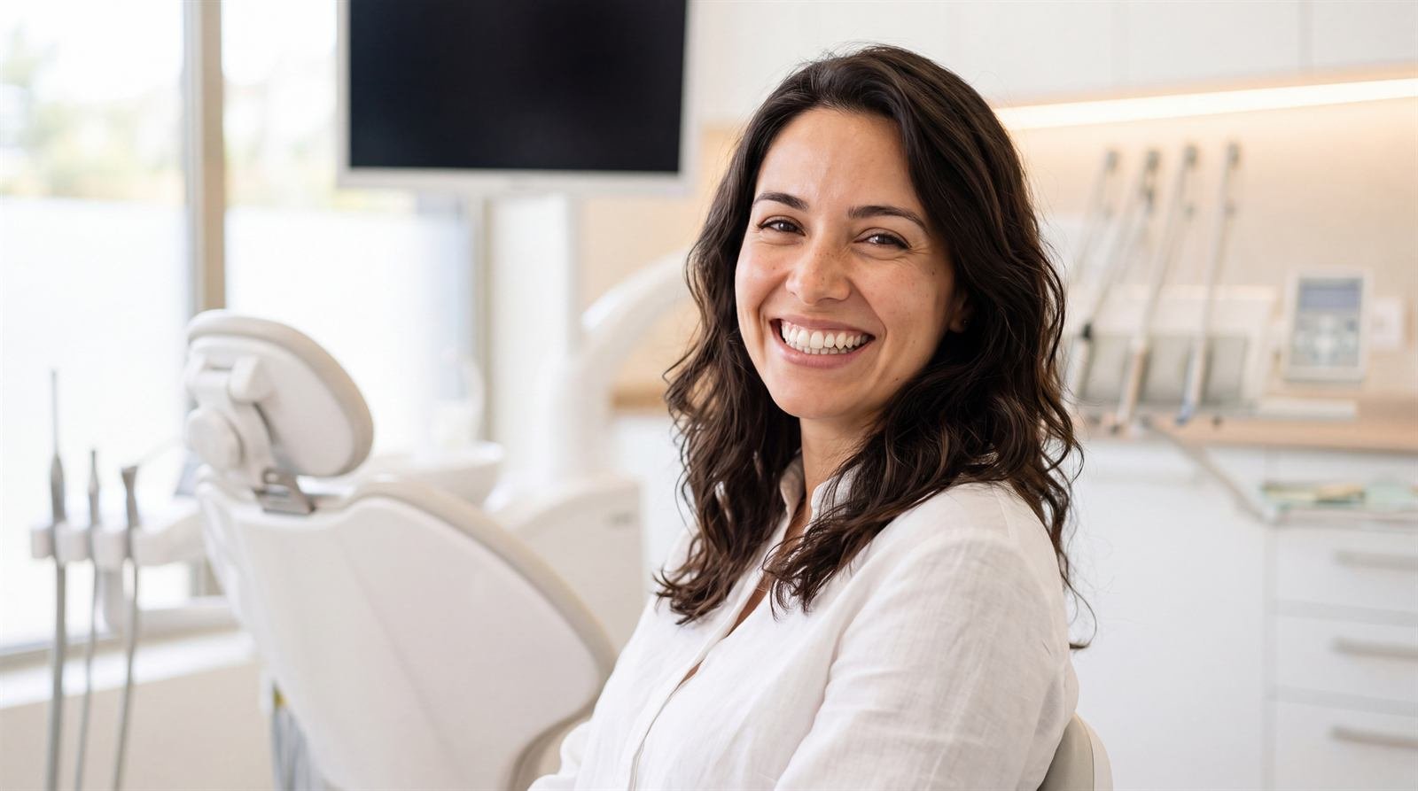 Mujer sonriendo en un consultorio dental luminoso